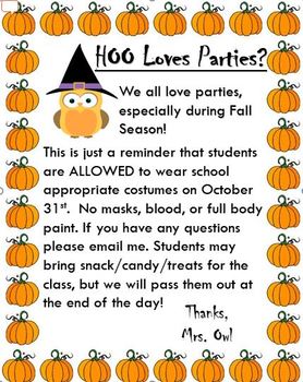 Preview of Fall/Halloween Letter to Parents *Editable*
