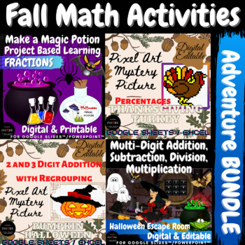 Preview of Fall Halloween Math Bundle Fractions Percentages Escape Room Pixel Art Project