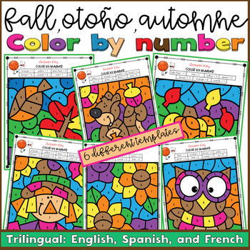 Preview of Fall Autumn Math Number Facts Color by Number English Spanish French Otono Autom