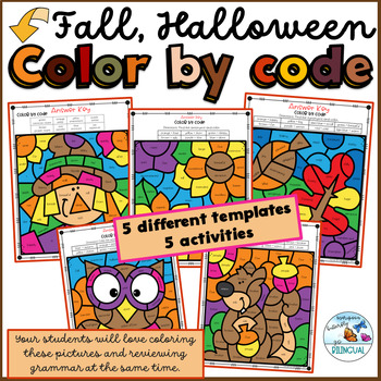 Preview of Fall Halloween Parts of Speech Grammar Vocabulary Bilingual Color by Code