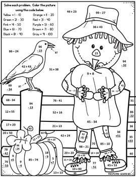 fall math halloween scarecrow addition subtraction color by number