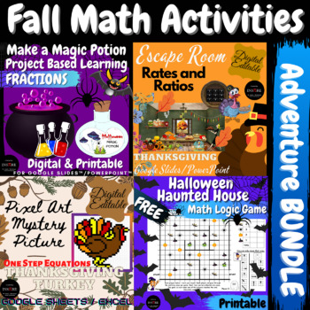 Preview of Fall Halloween Thanksgiving Math Bundle Escape Room Project PBL Pixel Art Game