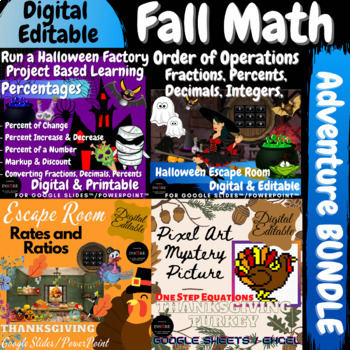 Preview of Fall Halloween Thanksgiving Math Bundle Game Escape Room Pixel Art Project PBL