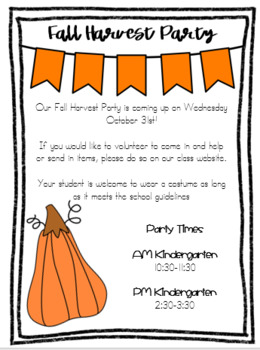 Preview of Fall Harvest Halloween Party Letter EDITABLE