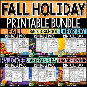 Preview of Fall Holiday Math and Literacy Printable Pack Bundle