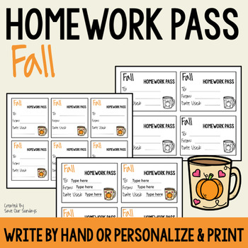 Preview of Fall Homework Pass - No homework pass with an Autumn theme, editable for rewards