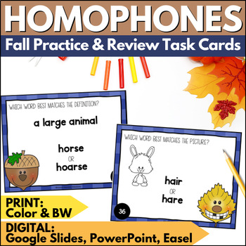 Preview of Fall Homophones Task Cards - Autumn Vocabulary Practice and Review Activities
