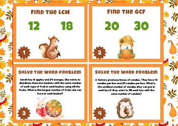Preview of Fall LCM and GCF Task Cards with Word Problems