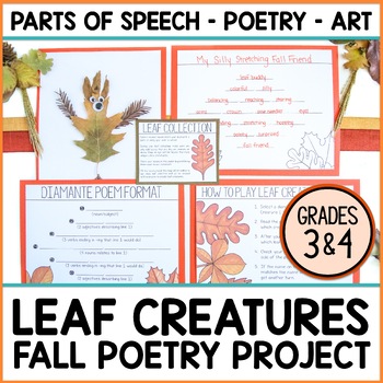 Preview of Fall Leaf Craft Activity with Diamante Poem Writing for Parts of Speech Review