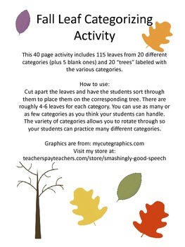Fall Leaves Categories Activity! by Smashingly Good Speech | TPT