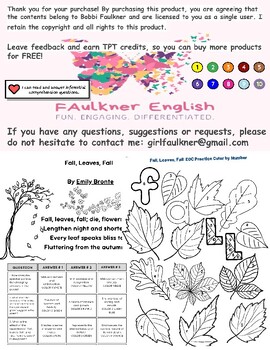 Preview of Fall, Leaves, Fall Color by Number FUN EOC literature MCQ reading comprehension