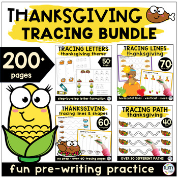 Preview of Fall Line Tracing Practice for Thanksgiving and Turkey BUNDLE