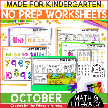 Preview of Fall Literacy and Math Worksheets for Kindergarten | October
