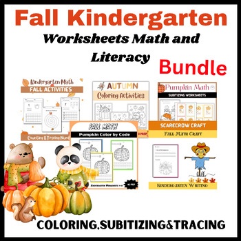 Preview of Fall Literacy and Math Worksheets for Kindergarten|Pumpkin Coloring Pages|Bundle