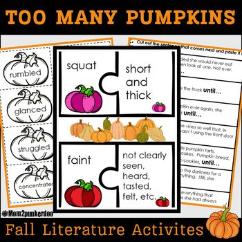 Preview of Fall Literature Actvities: Too Many Pumpkins Unit