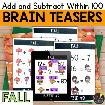 Preview of Fall Logic Puzzles 2nd Grade Brain Teasers Addition and Subtraction to 100