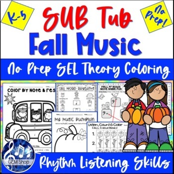 Preview of Fall MUSIC Sub Plans ACTIVITIES NO PREP Autumn Worksheets Coloring SEL