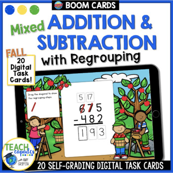 Preview of Fall Math 3 Digit MIXED Addition & Subtraction with Regrouping BOOM Task Cards