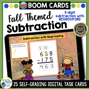 Preview of 3 Digit Subtraction with Regrouping Fall BOOM Cards and Subtraction Worksheets