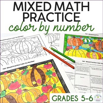 Preview of Fall Math 5th & 6th Grade Mixed Math Review Color by Number | Halloween Math