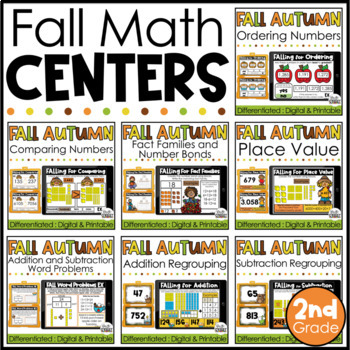 Preview of Fall Math Activities - 2nd Grade Fall Math Stations BUNDLE - Digital and Print