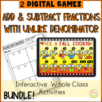 Preview of Fall Adding and Subtracting Fractions with unlike Denominator Game and Worksheet