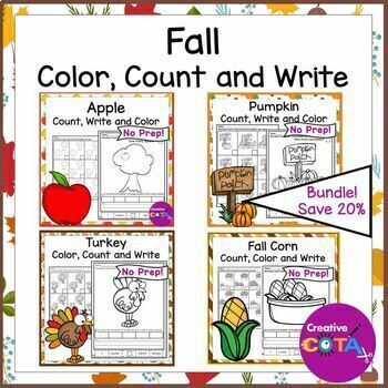 Preview of Fall Math Centers Count Color and Write Kindergarten Numbers 1-20 Worksheets