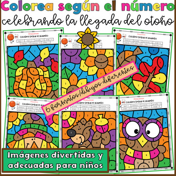 Preview of Fall Math Color by Number Spanish Matematicas Colorea según el número Otoño
