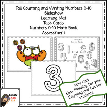 Preview of Fall Math Counting and Writing Numbers 0-10 - Slides, Task Cards, and Assessment