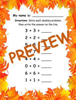 Preview of Fall Math Doubles Addition Problem Review (1st grade and 2nd grade math)