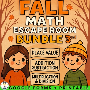 Preview of Fall Math Escape Room Bundle | 3rd Grade | Place Value, Add & Sub, Mult & Divide