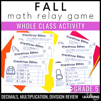 Preview of Fall Math Game for 5th Grade | Relay Review Activity | Decimals Multiplication