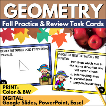 Preview of Fall Math - Geometry Task Cards - Shapes, Lines, and Angles Practice and Review