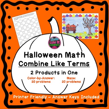 Preview of Fall Halloween Math Combine Like Terms Maze & Color By Number Holiday Bundle