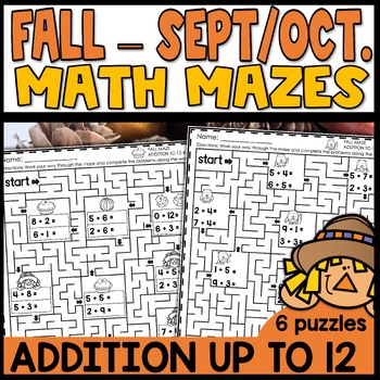 Preview of Fall Math Mazes Addition to 12 Worksheets 1st Grade Review or Kindergarten
