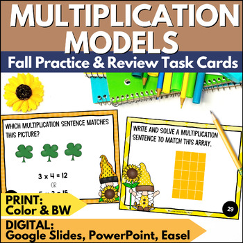 Preview of Fall Multiplication Arrays, Equal Groups, Repeated Addition Practice Task Cards