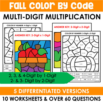 Preview of Fall Math Multidigit Multiplication Color by Code Practice Activities
