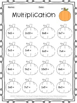 Fall Math Multiplication Worksheets by TNBCreations | TpT