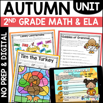 Preview of Fall Math Reading Writing Activities Worksheets 2nd Grade No Prep & Digital
