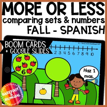 Preview of Fall Math SPANISH - More or Less - One More One Less game - Comparing Sets