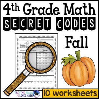 Preview of Fall Math Secret Code Worksheets 4th Grade Common Core
