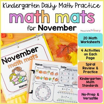 Preview of Fall Math Spiral Review Worksheets –  November Morning Work for Kindergarten