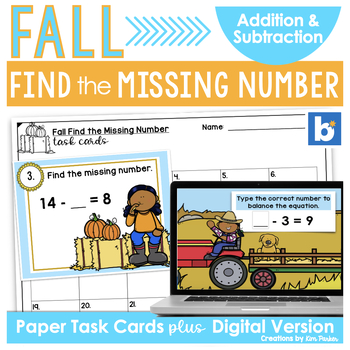 Preview of Fall Math Task Cards 2nd Grade Find the Missing Number Add and Subtract
