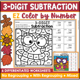 Fall Math Worksheet | 3 Digit Subtraction Color by Number 