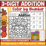 Fall Math Worksheets | 3 Digit Addition Color by Number | 