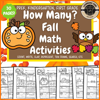 Preview of Fall Math Worksheets Counting November PreK Kindergarten First TK UTK