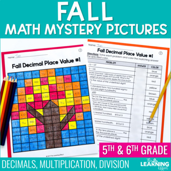 Preview of Fall Math Activities Mystery Picture Worksheets | Decimals Multiplication