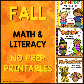 Preview of Fall Math and ELA No Prep Printable Worksheets Bundle | 1st and 2nd Grade