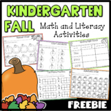 Fall Math and Literacy Activities Kindergarten Freebie