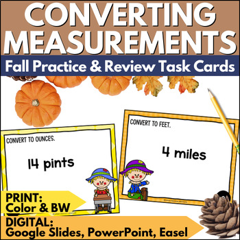 Preview of Fall Measurement Conversions Task Cards - Autumn Math Practice & Review Activity